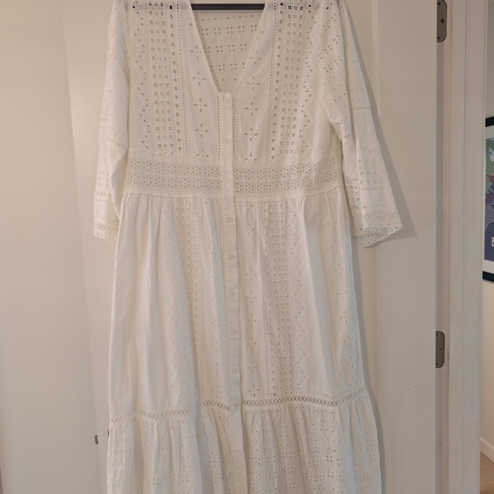 White Eyelet Button-Front Midi Dress